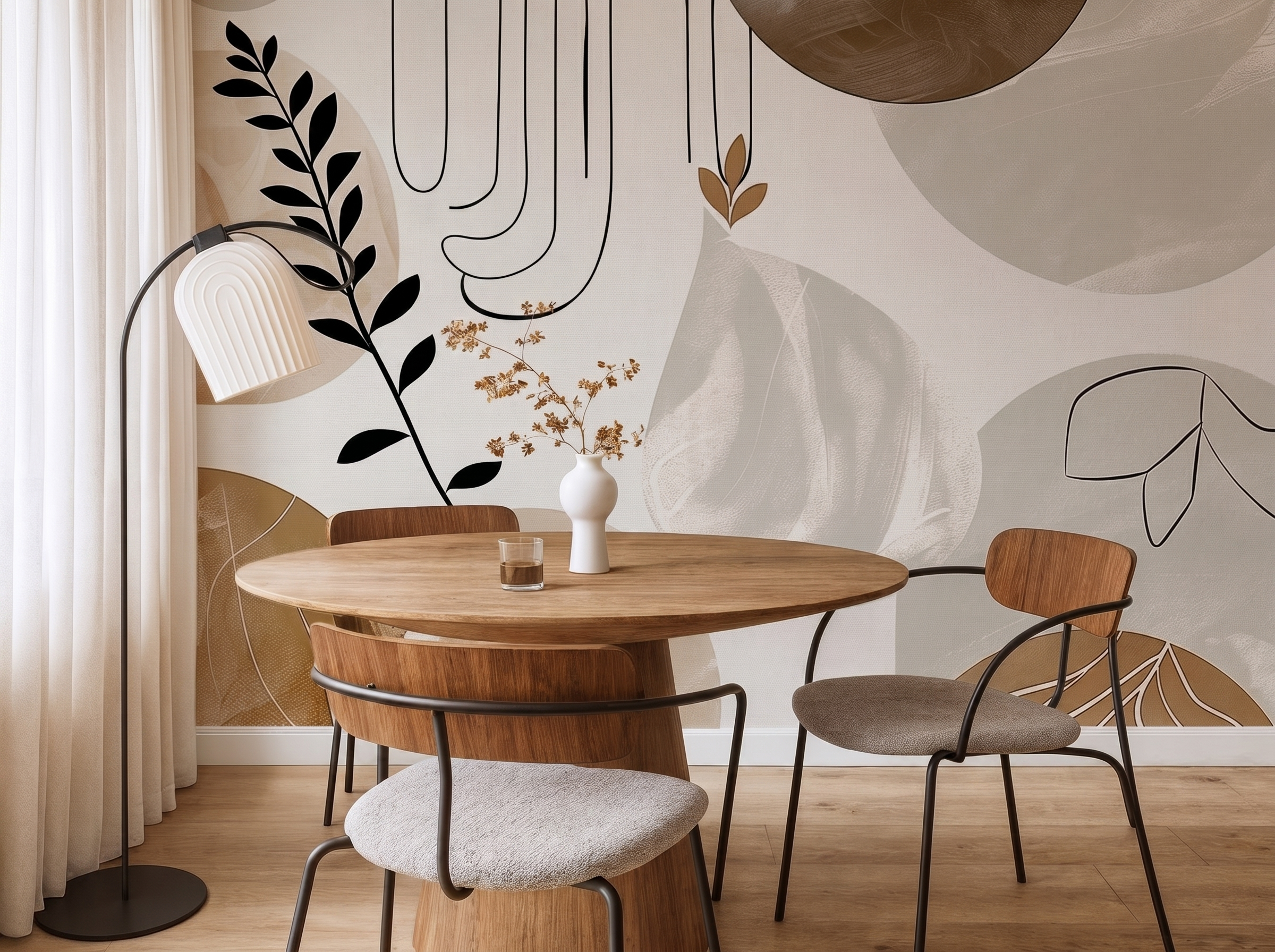 Mori Elegance Japandi mural wallpaper, soft layered forest botanicals in neutral tones on a bedroom wall