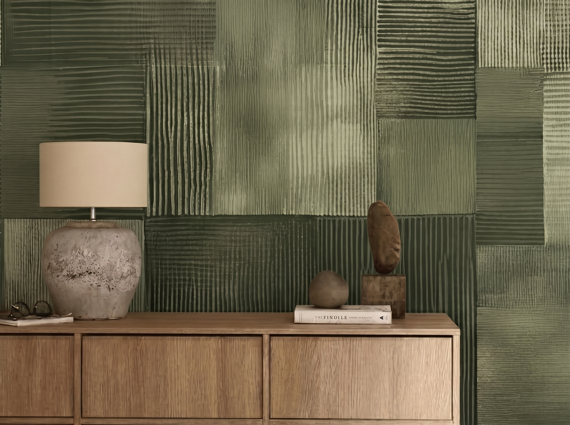 Mori Stripes Japandi mural wallpaper, soft vertical forest-toned stripes on a bedroom wall
