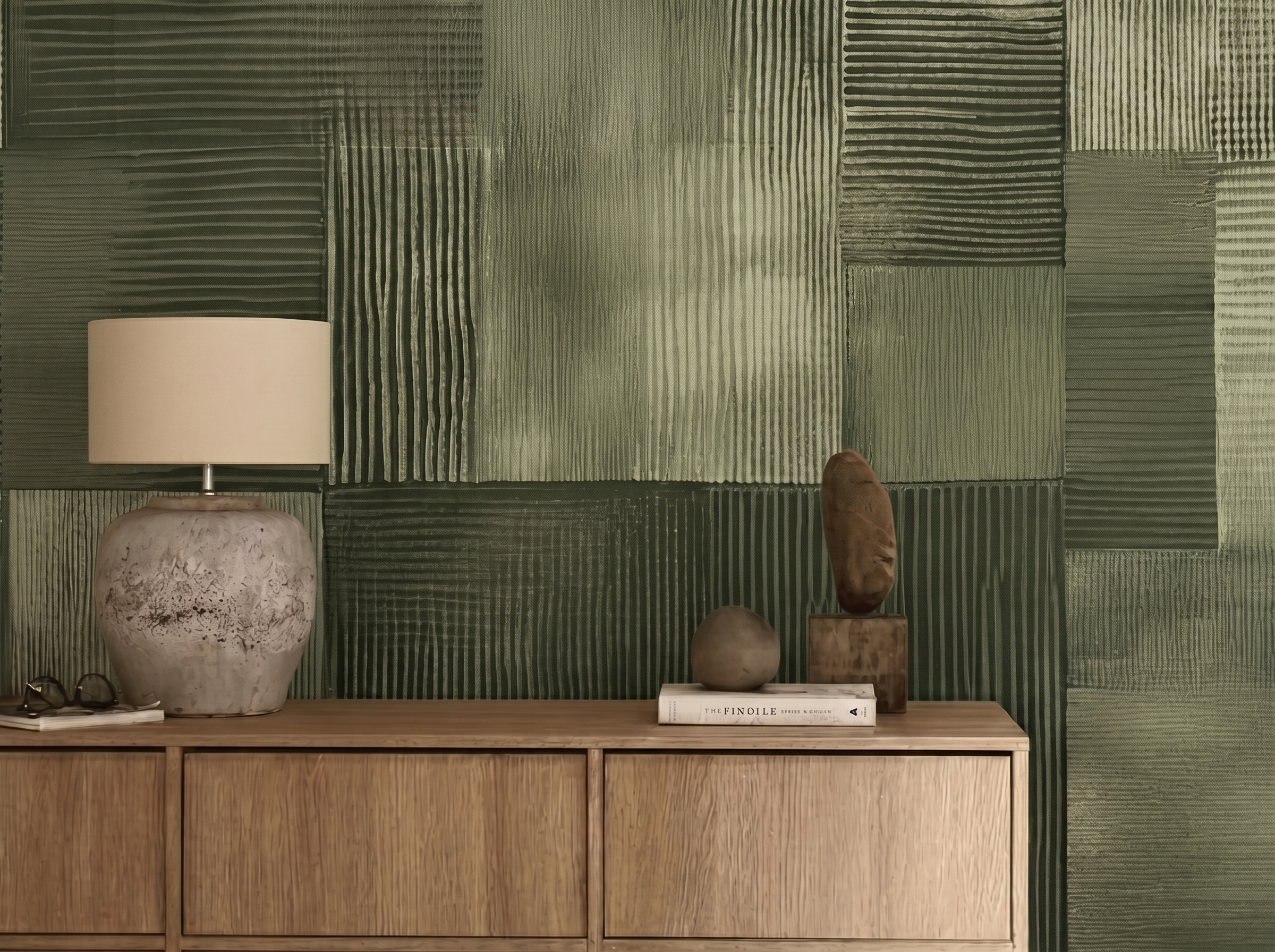 Mori Stripes Japandi mural wallpaper, soft vertical forest-toned stripes on a bedroom wall