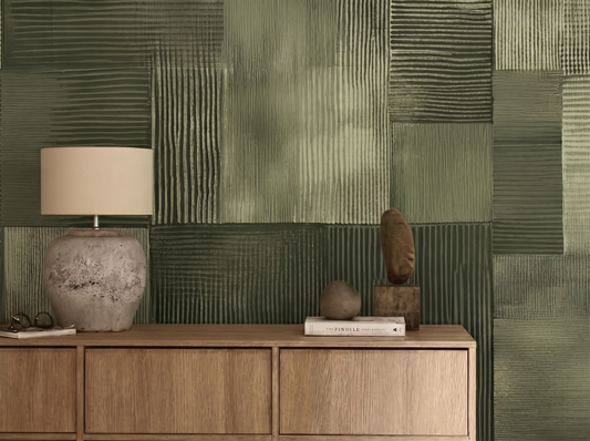 Mori Stripes Japandi mural wallpaper, soft vertical forest-toned stripes on a bedroom wall