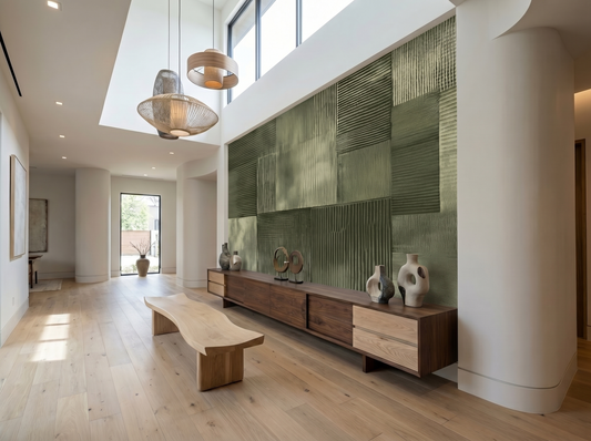 Close-up of Mori Stripes mural wallpaper showing earthy vertical linework