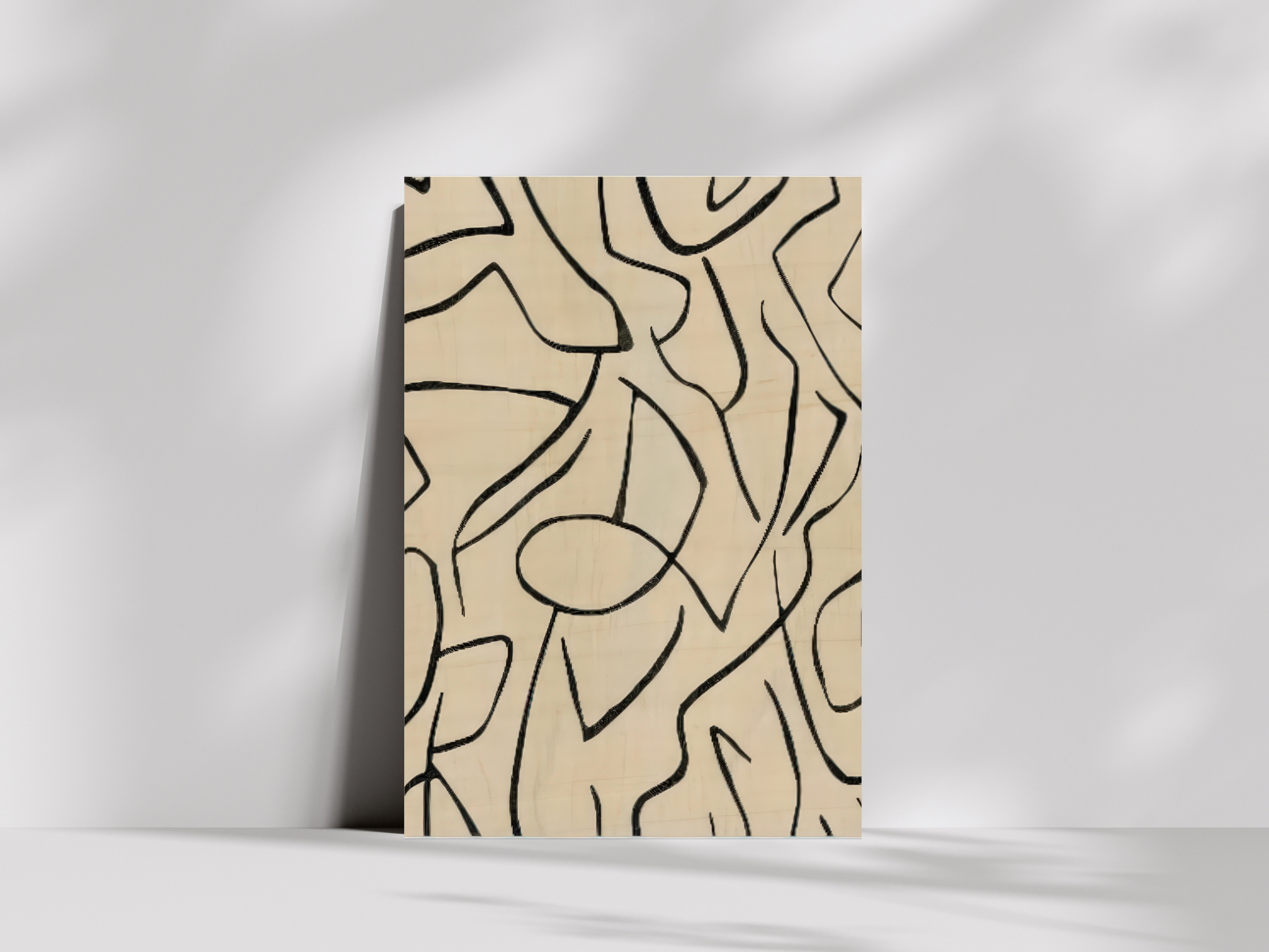 Nagare Lines Japandi wooden wall art, bold flowing lines on a warm natural background on a living room wall