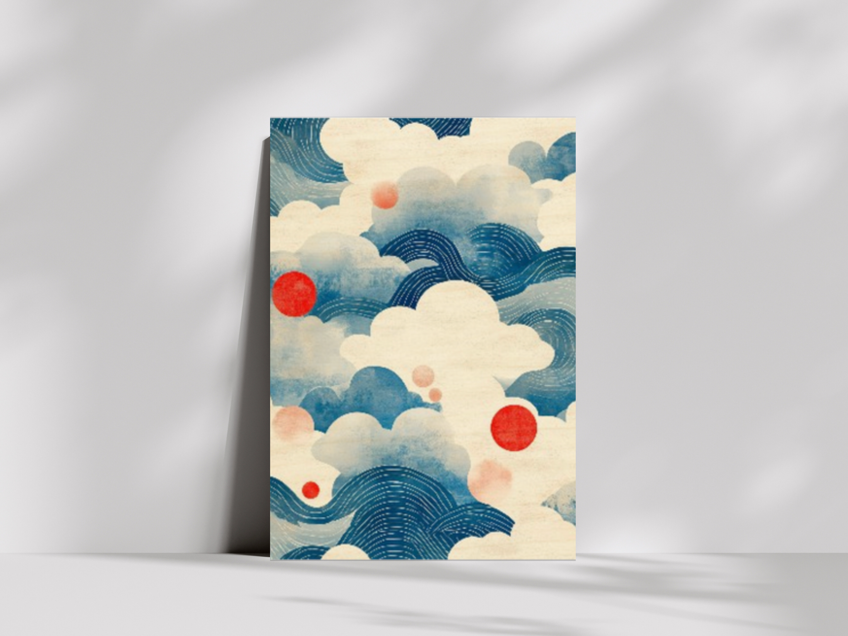Nami Skyline Japandi wooden wall art, flowing indigo waves and red sun motif on a living room wall
