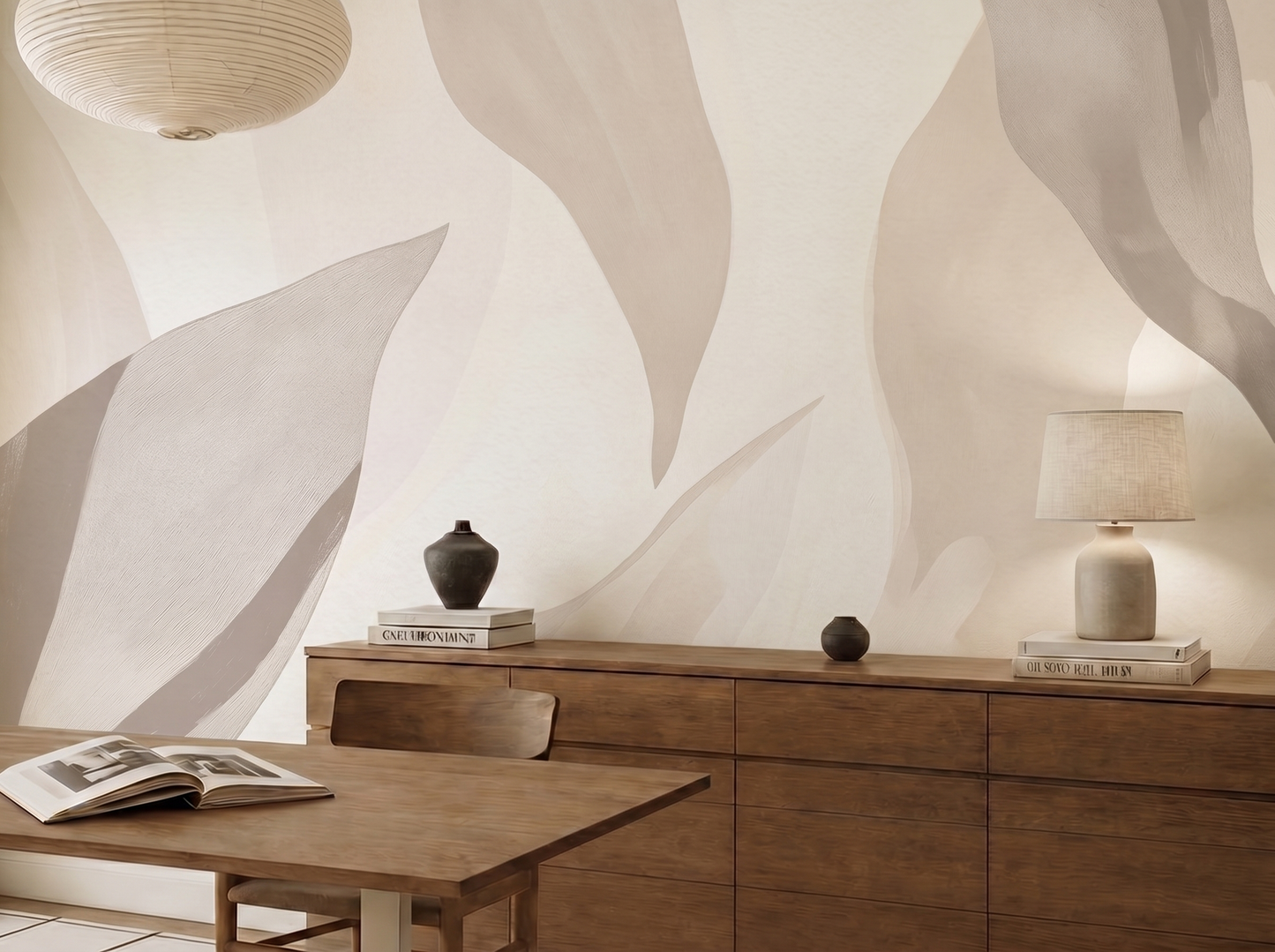 Nami Leaf Japandi mural wallpaper, soft drifting leaf pattern in neutral tones on a living room wall