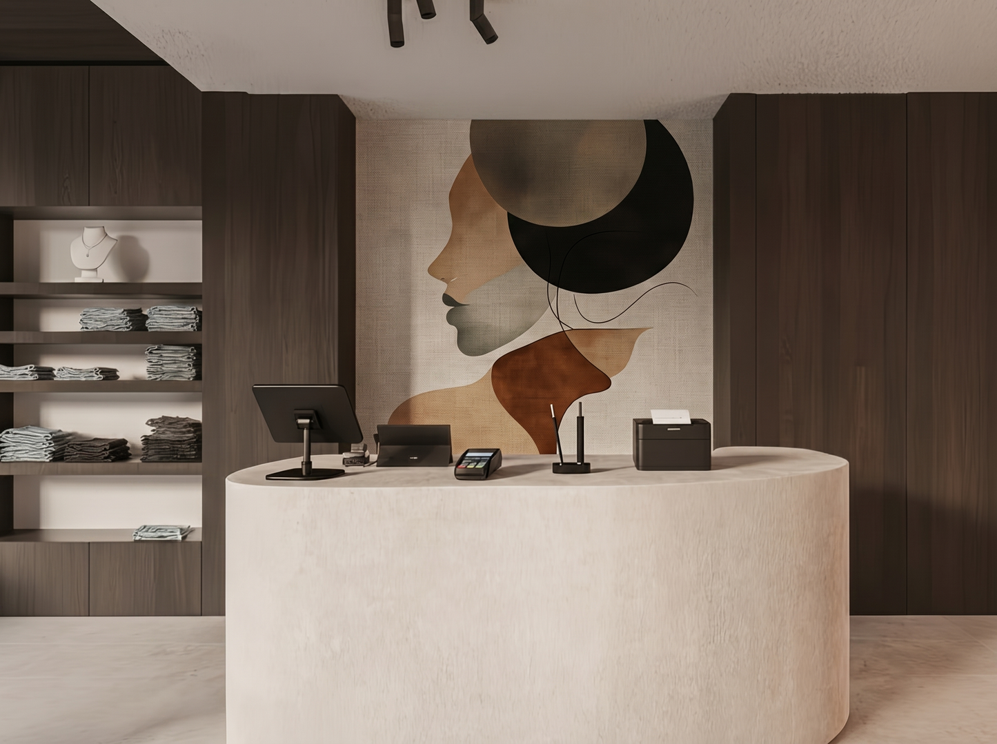 Naomi Glow Japandi wall mural, soft warm curves in terracotta and charcoal on a wellness studio wall