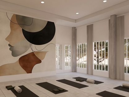 Close-up of Naomi Glow wall mural showing layered terracotta and charcoal detail