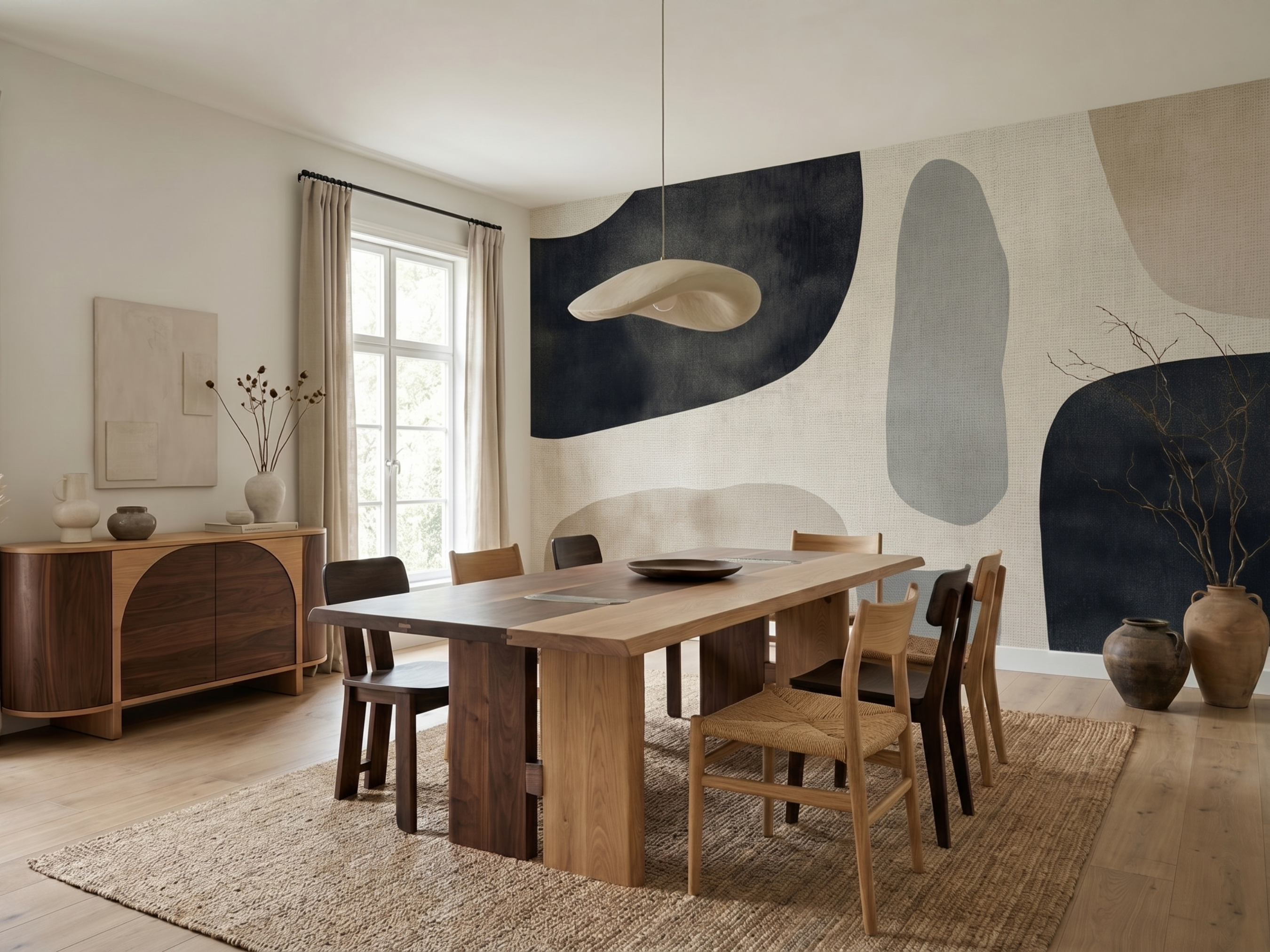 Naomi Softscape Japandi mural wallpaper, soft organic shapes in warm neutral tones on a living room wall