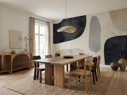Naomi Softscape Japandi mural wallpaper, soft organic shapes in warm neutral tones on a living room wall