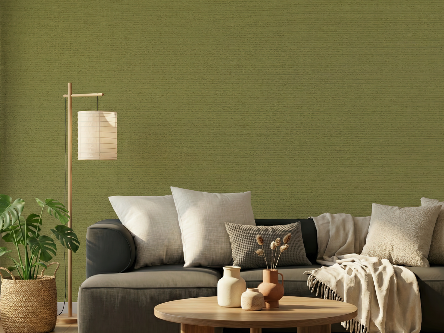 Negishiiro Japandi quiet colour wallpaper, muted moss-green hue on a living room wall