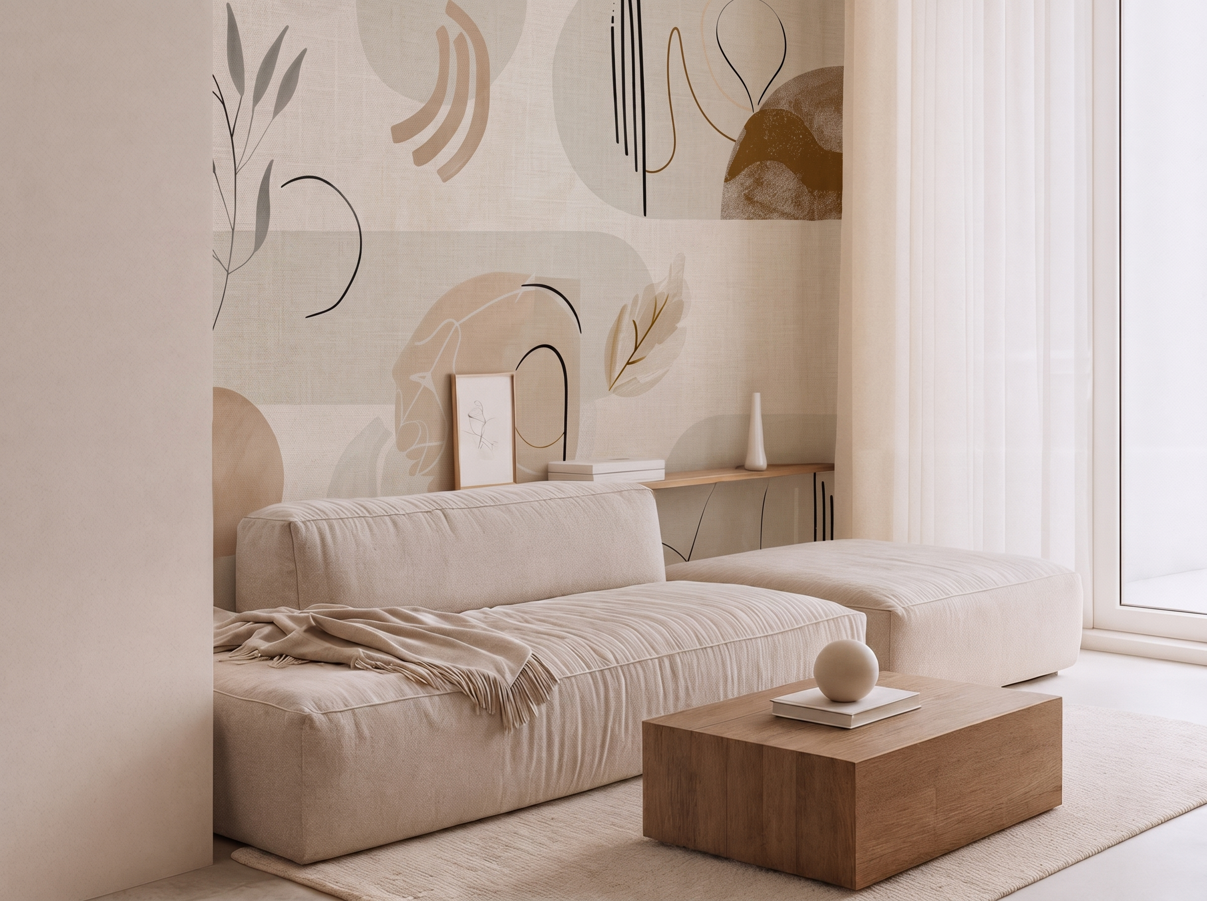 Ohana Serenity Japandi mural wallpaper, soft delicate blooms in neutral tones on a bedroom wall
