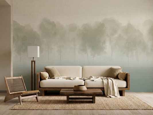 Oku Horizon Japandi mural wallpaper, soft layered trees fading into a misted distance on a bedroom wall