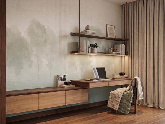 Oku Horizon Japandi mural wallpaper styled in a living room setting
