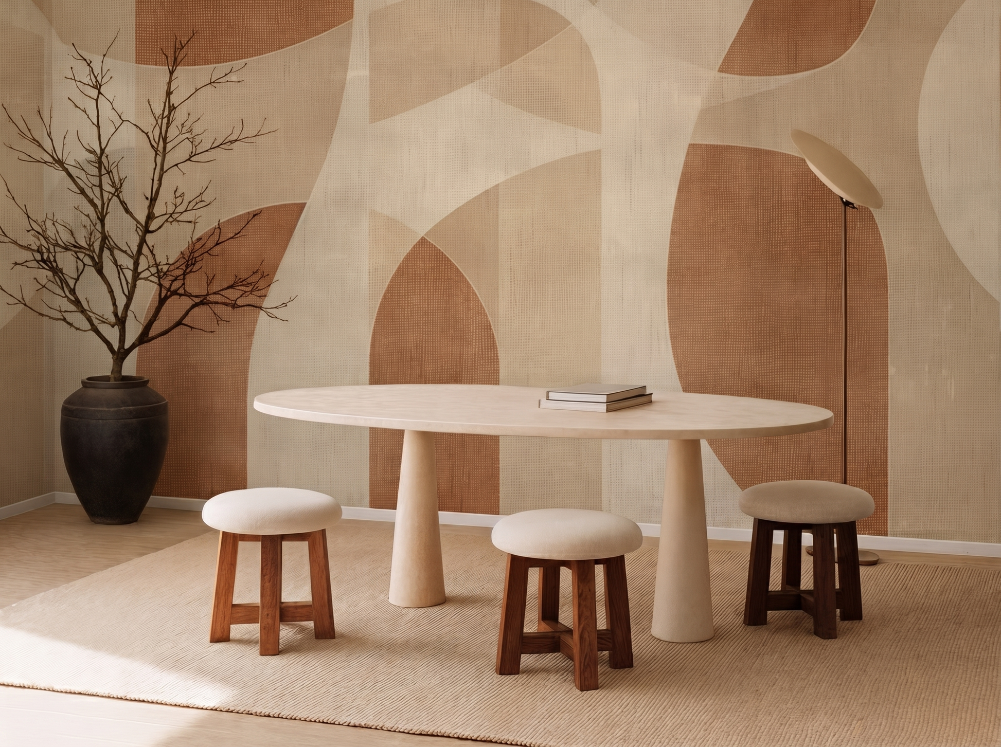 Rei Fusion Japandi mural wallpaper, soft layered forms in neutral tones on a living room wall