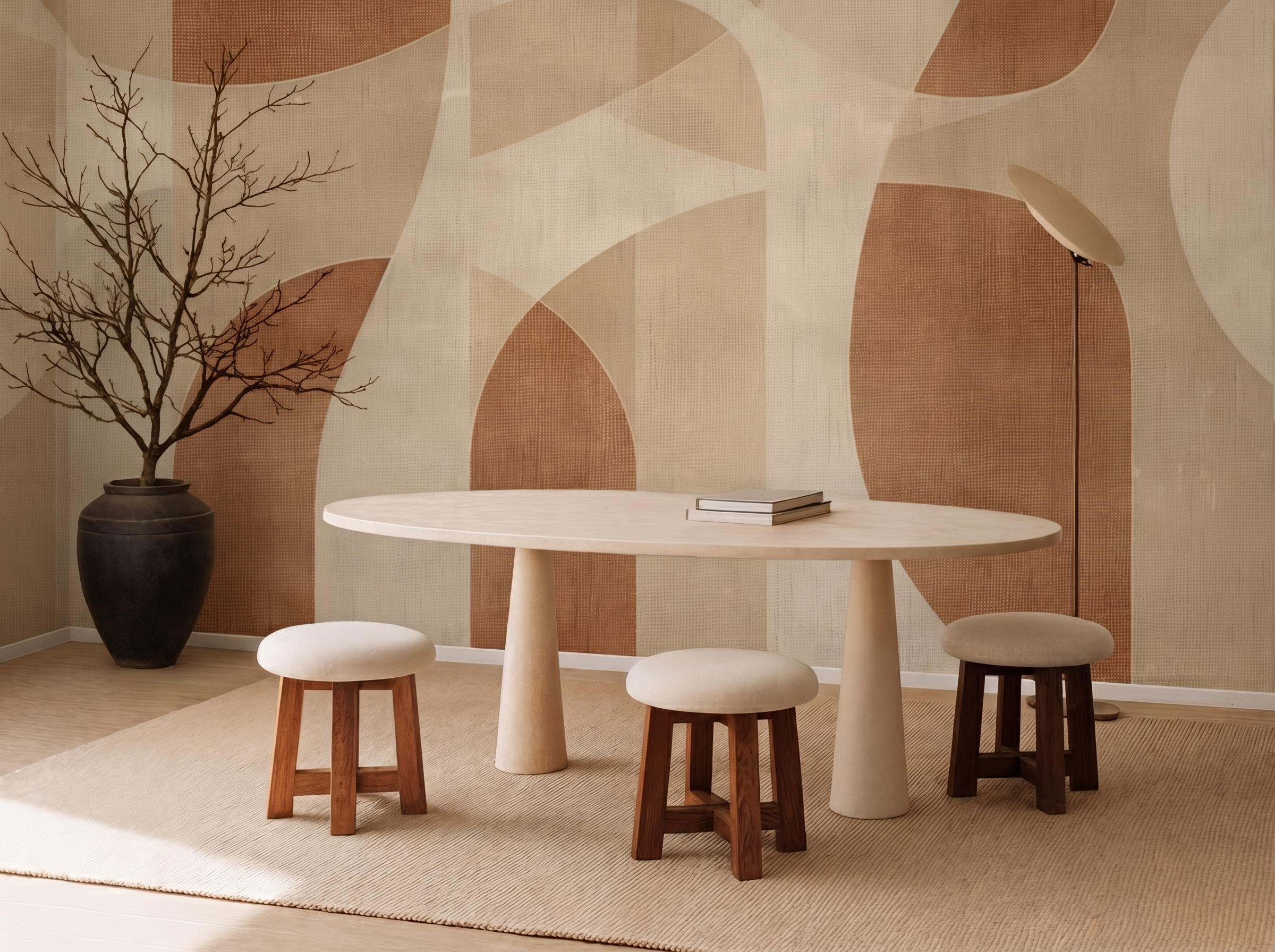 Rei Fusion Japandi mural wallpaper, soft layered forms in neutral tones on a living room wall