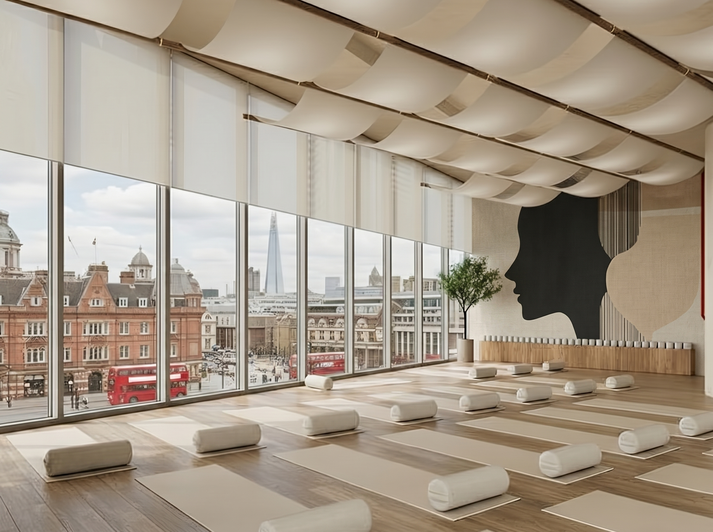 Reika Flow Japandi wall mural, bold silhouette on a soft neutral ground on a yoga studio wall