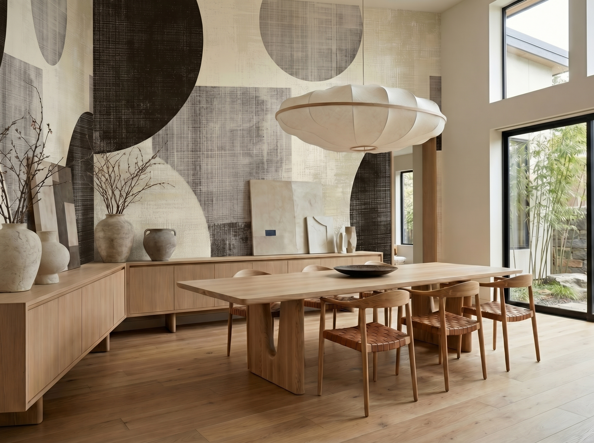 Riko Texture Japandi mural wallpaper, soft layered textile texture in neutral tones on a living room wall