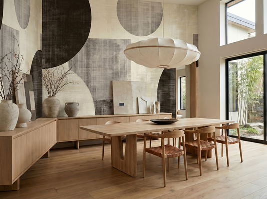 Riko Texture Japandi mural wallpaper, soft layered textile texture in neutral tones on a living room wall