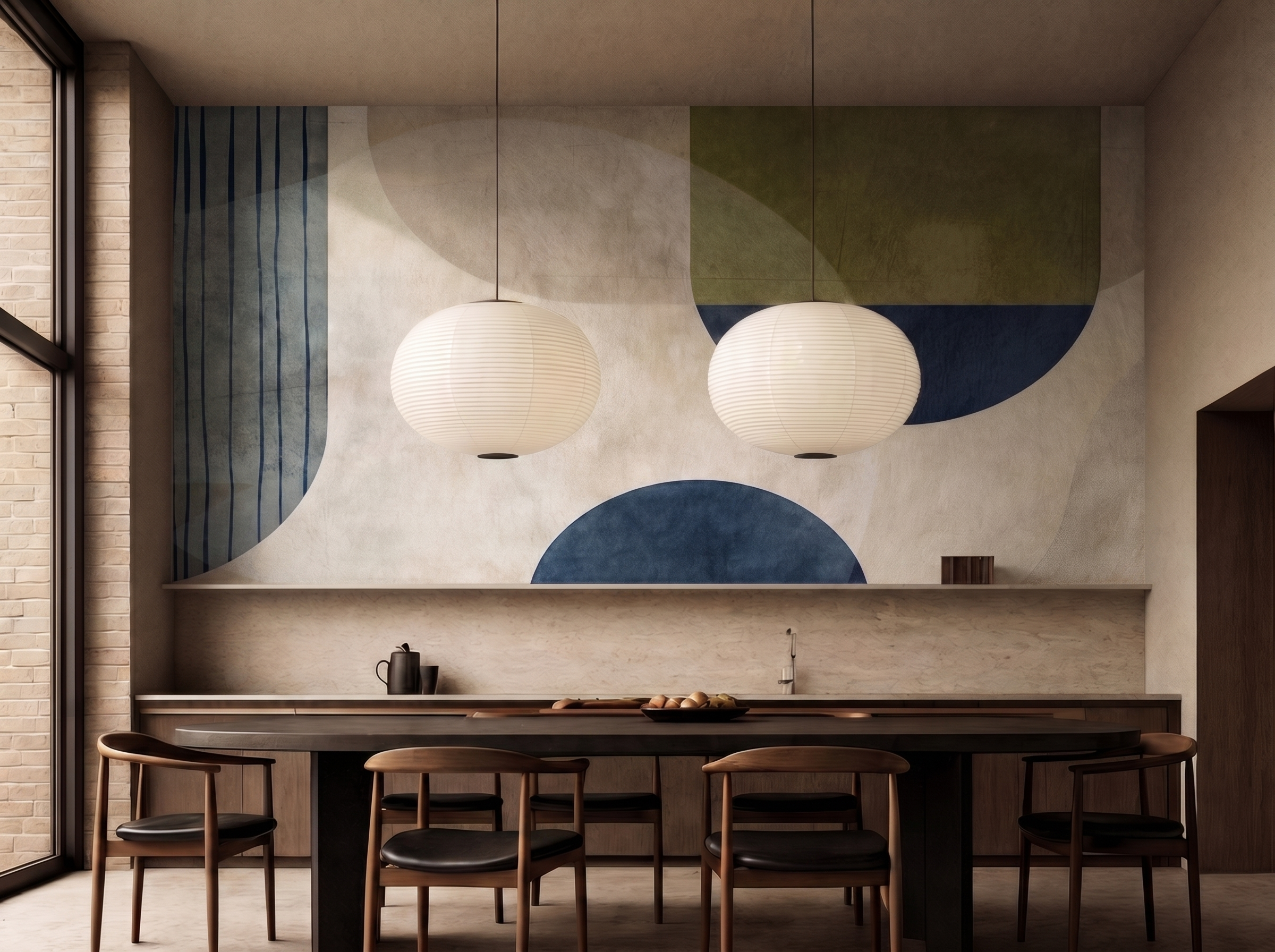 Rin Rhythm Japandi mural wallpaper, soft balanced geometry in neutral tones on a home office wall