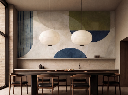 Rin Rhythm Japandi mural wallpaper, soft balanced geometry in neutral tones on a home office wall