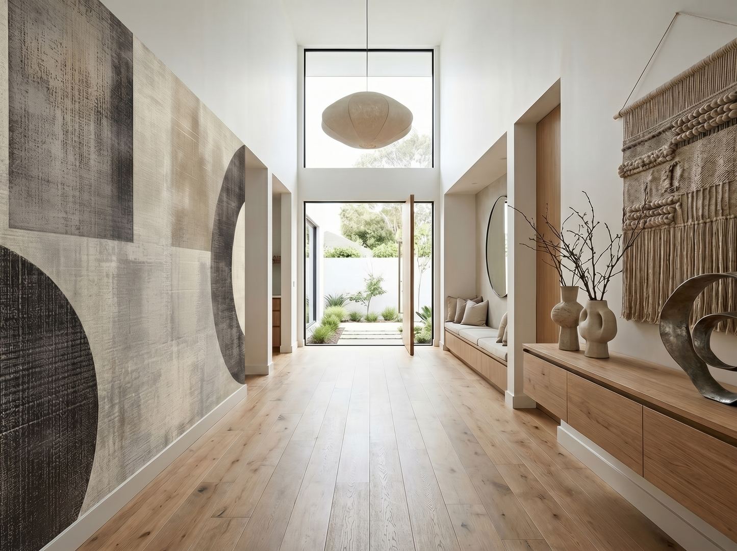 Saku Loop Japandi mural wallpaper, soft circular forms in neutral tones on a living room wall