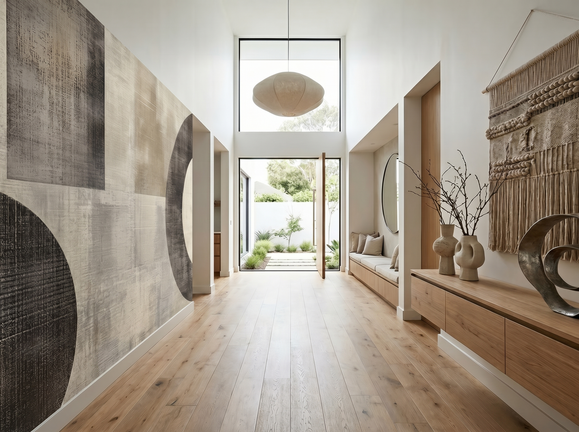 Saku Loop Japandi mural wallpaper, soft circular forms in neutral tones on a living room wall