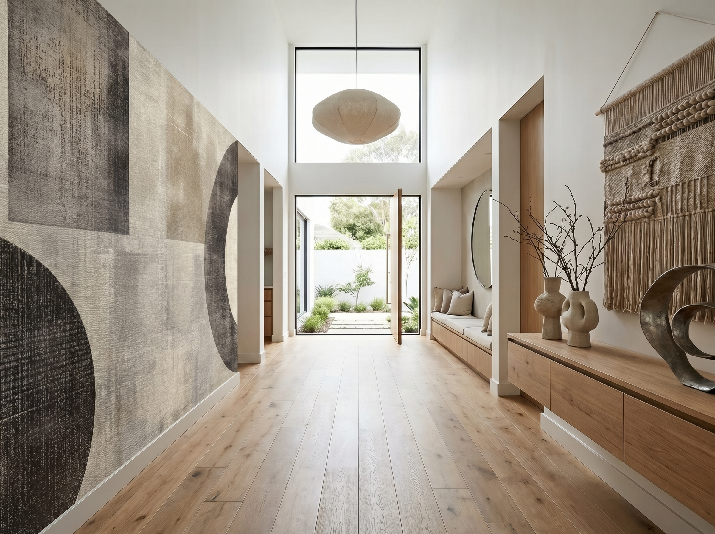 Saku Loop Japandi mural wallpaper, soft circular forms in neutral tones on a living room wall