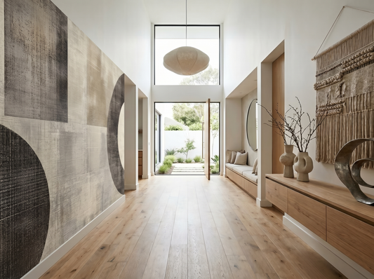 Saku Loop Japandi mural wallpaper, soft circular forms in neutral tones on a living room wall