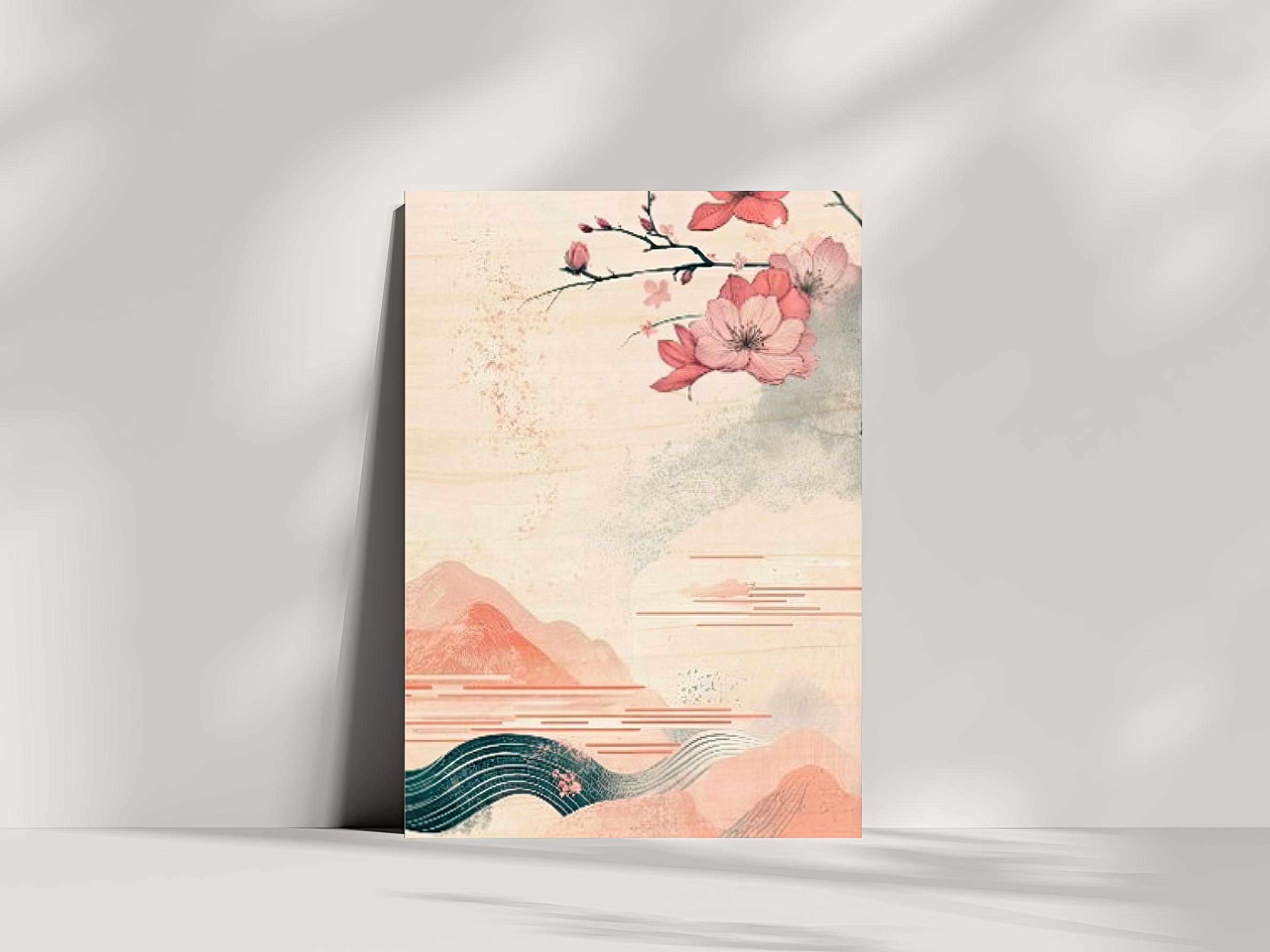Sakura Serenity Japandi wooden wall art, soft blush cherry blossoms on a bedroom wall