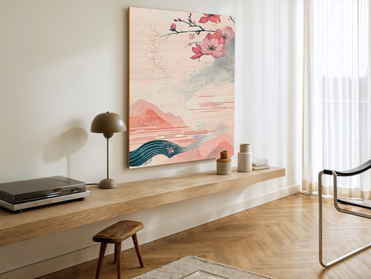 Sakura Serenity Japandi wooden wall art styled in a living room setting
