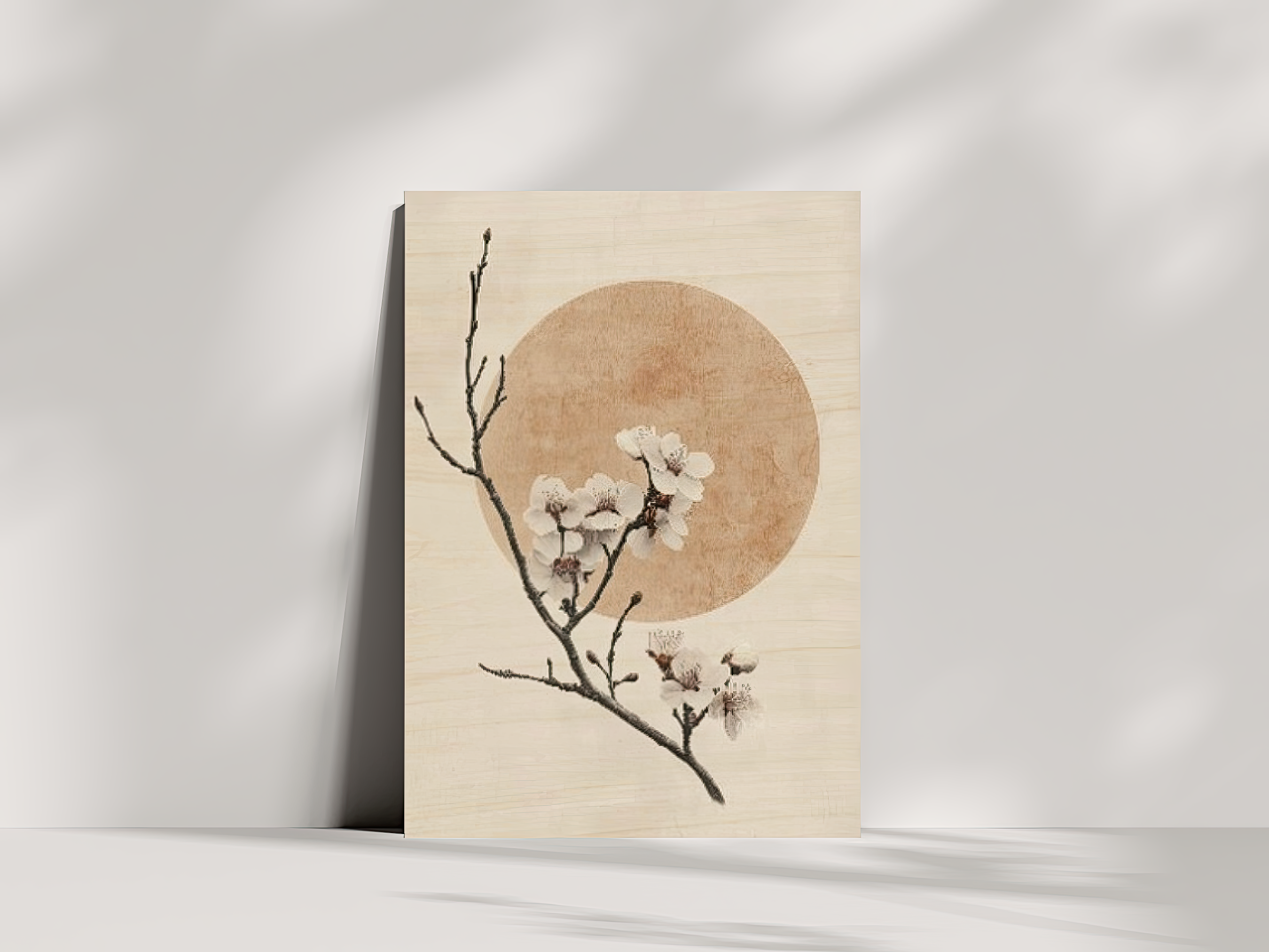 Sakura Solstice Japandi wooden wall art, delicate cherry blossom branch on a bedroom wall