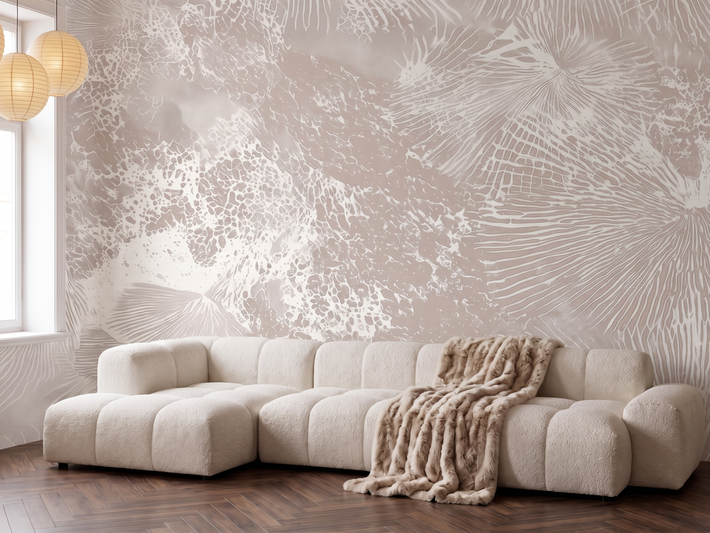 Sango Lace Japandi mural wallpaper styled in a bedroom setting