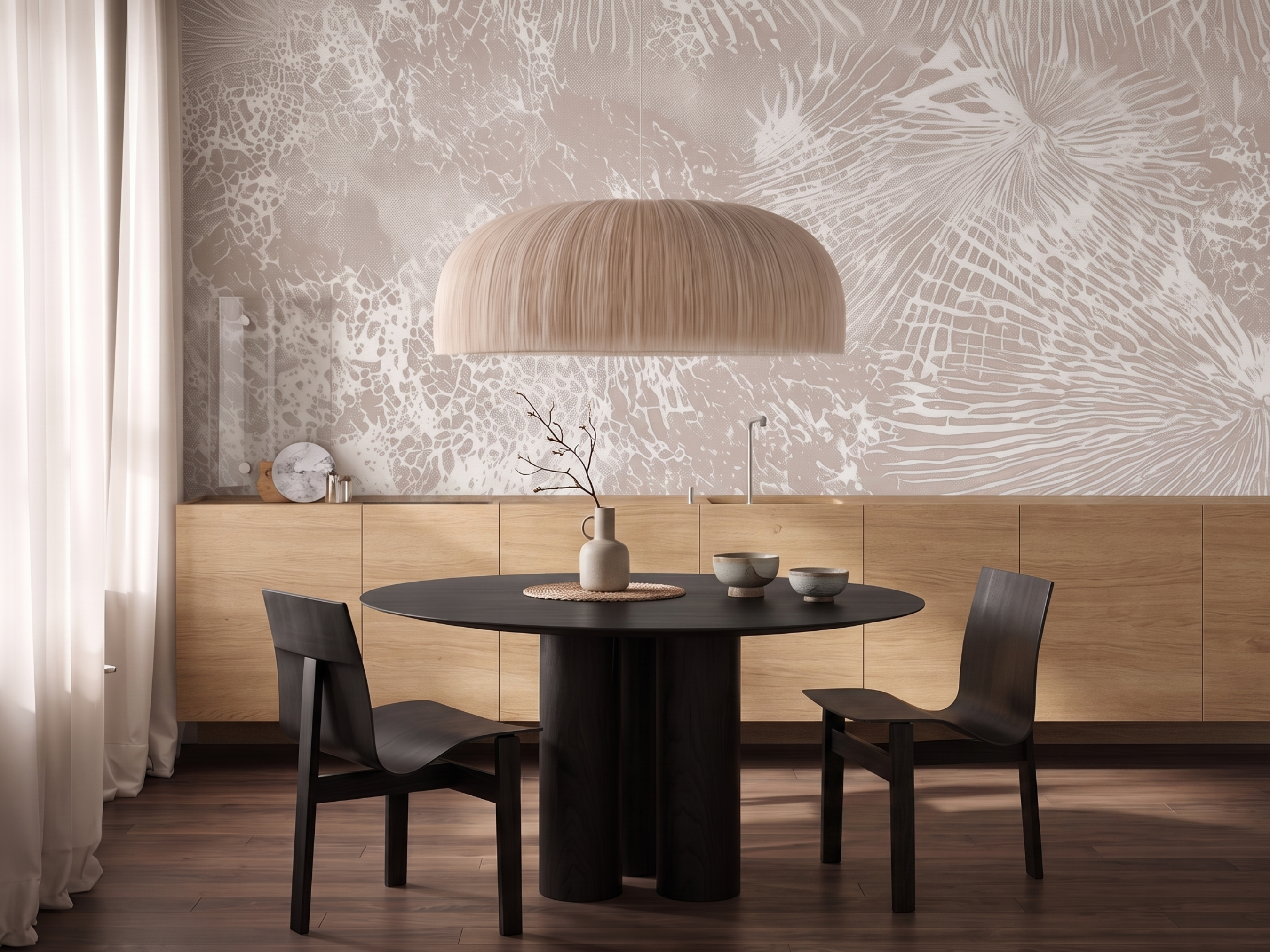 Sango Lace Japandi mural wallpaper, coral-inspired lace line work on a living room wall