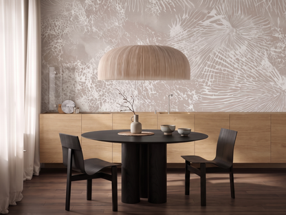 Sango Lace Japandi mural wallpaper, coral-inspired lace line work on a living room wall