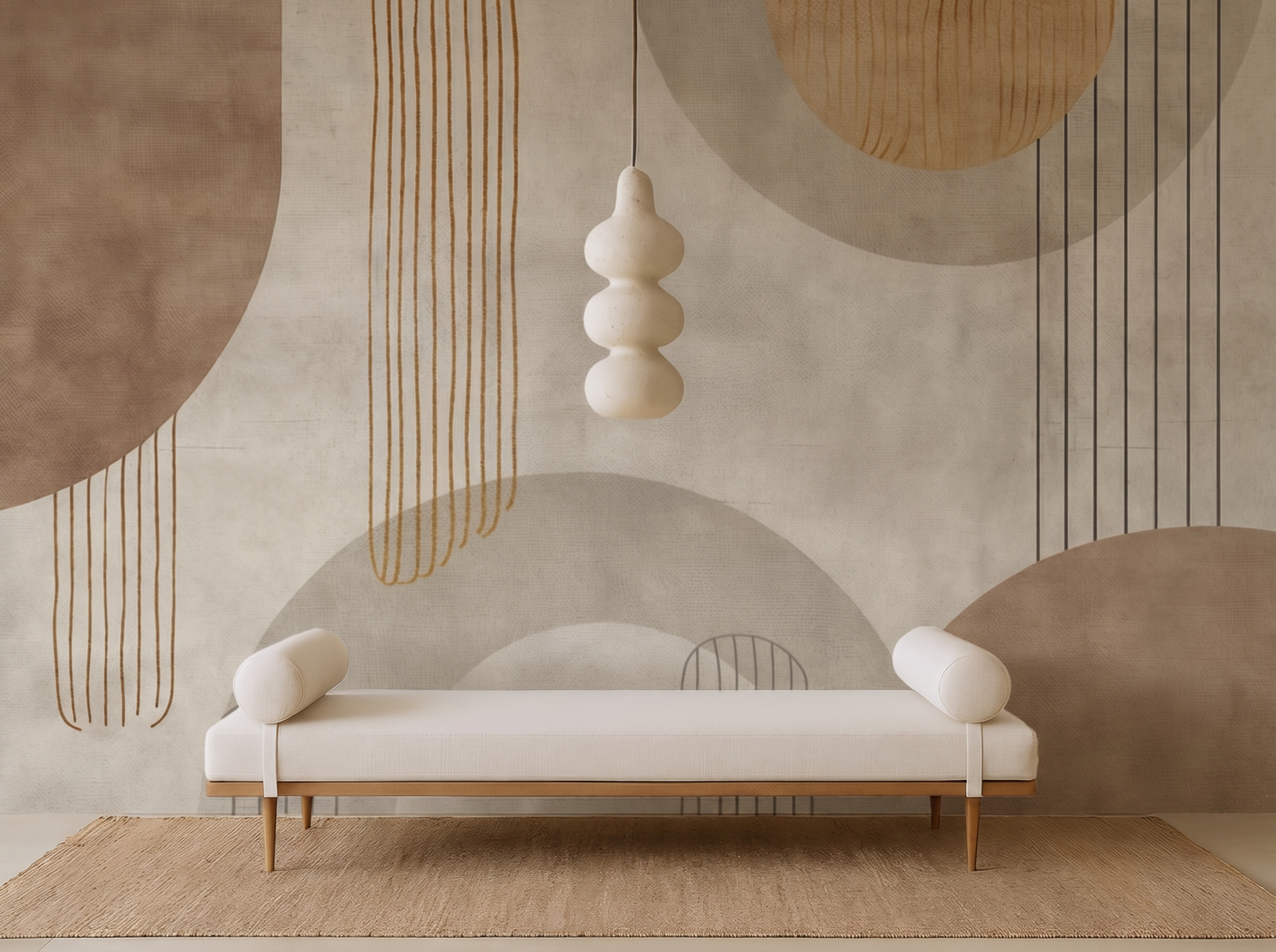 Satori Wave Japandi mural wallpaper, soft flowing wave forms in neutral tones on a bedroom wall