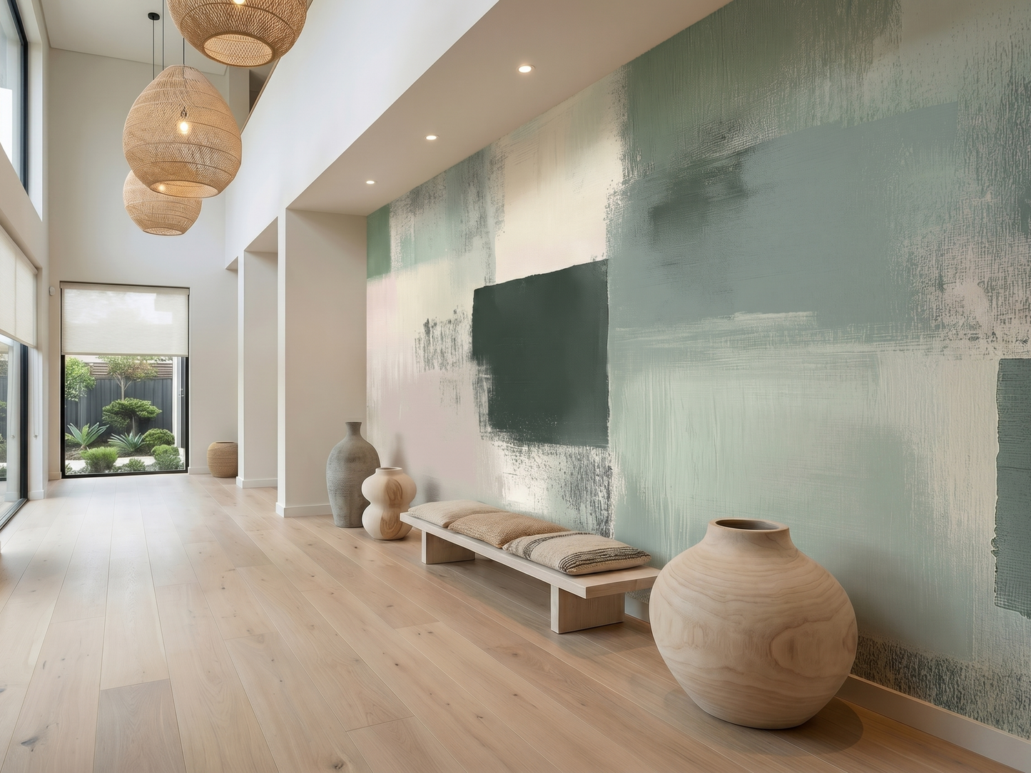 Close-up of Sei Haze mural wallpaper showing hazy layered brushwork