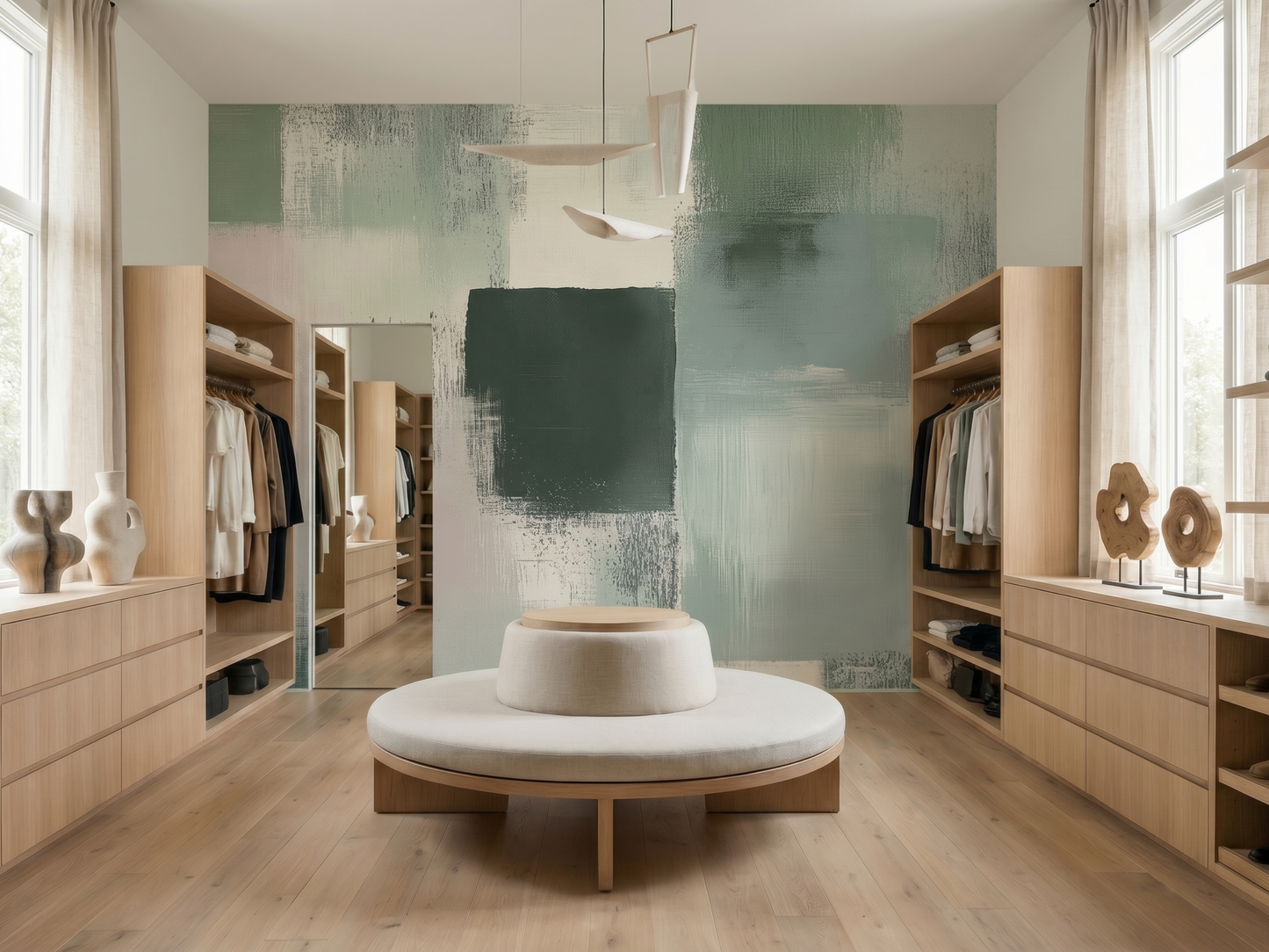 Sei Haze Japandi mural wallpaper, soft hazy brushwork in muted green tones on a living room wall