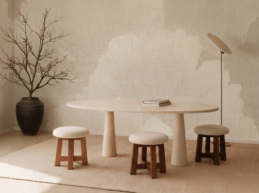 Shiori Texture Japandi mural wallpaper, soft fan-like forms with fine lines in neutral tones on a living room wall