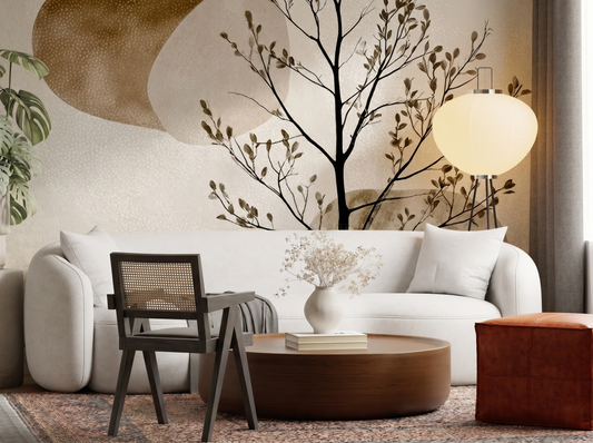 Shizuka Axis Japandi mural wallpaper, a slender tree and soft organic forms in neutral tones on a living room wall