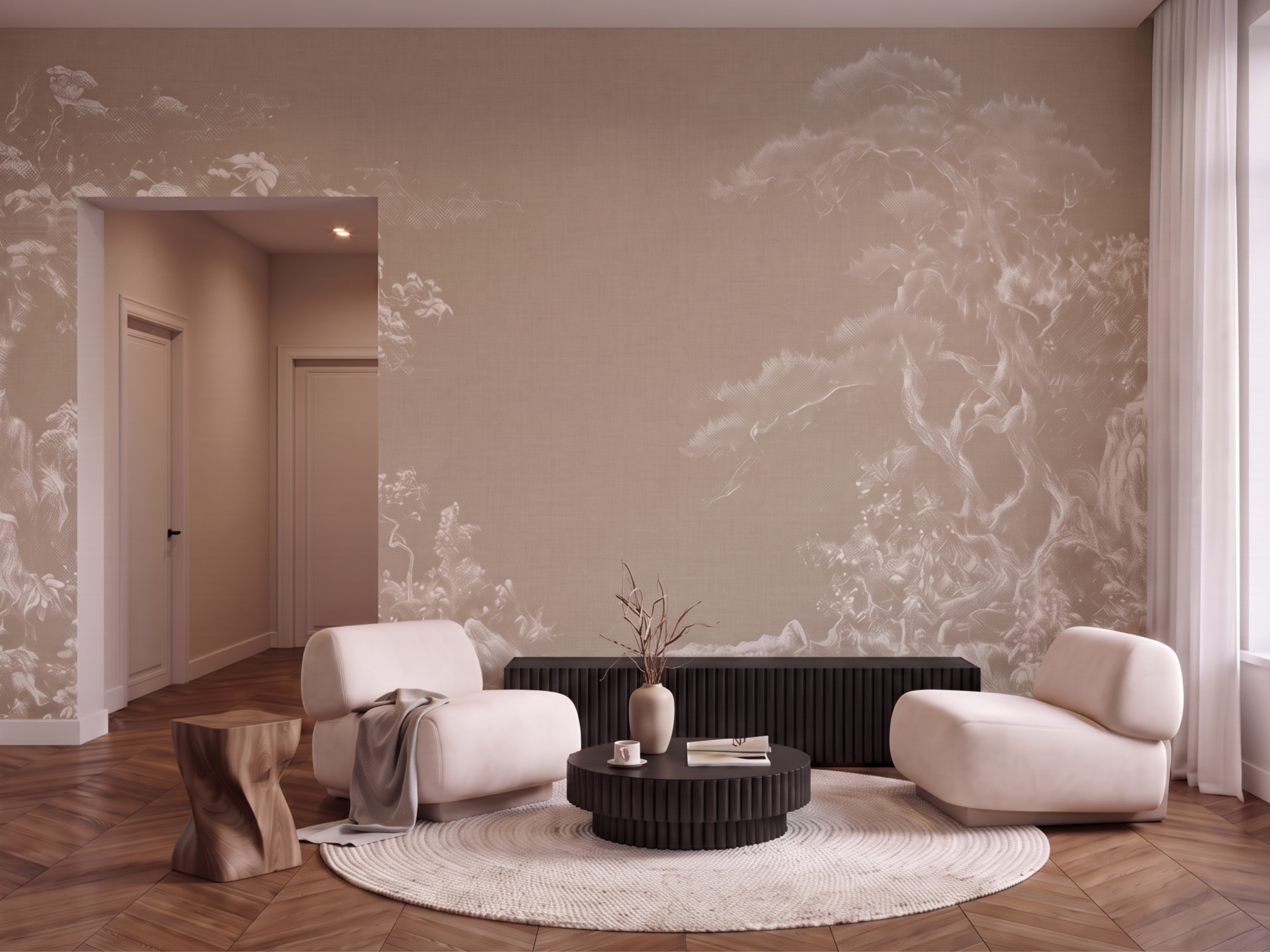Shizuka Garden Japandi mural wallpaper, fine white line garden scene with pine trees and water on a taupe wall
