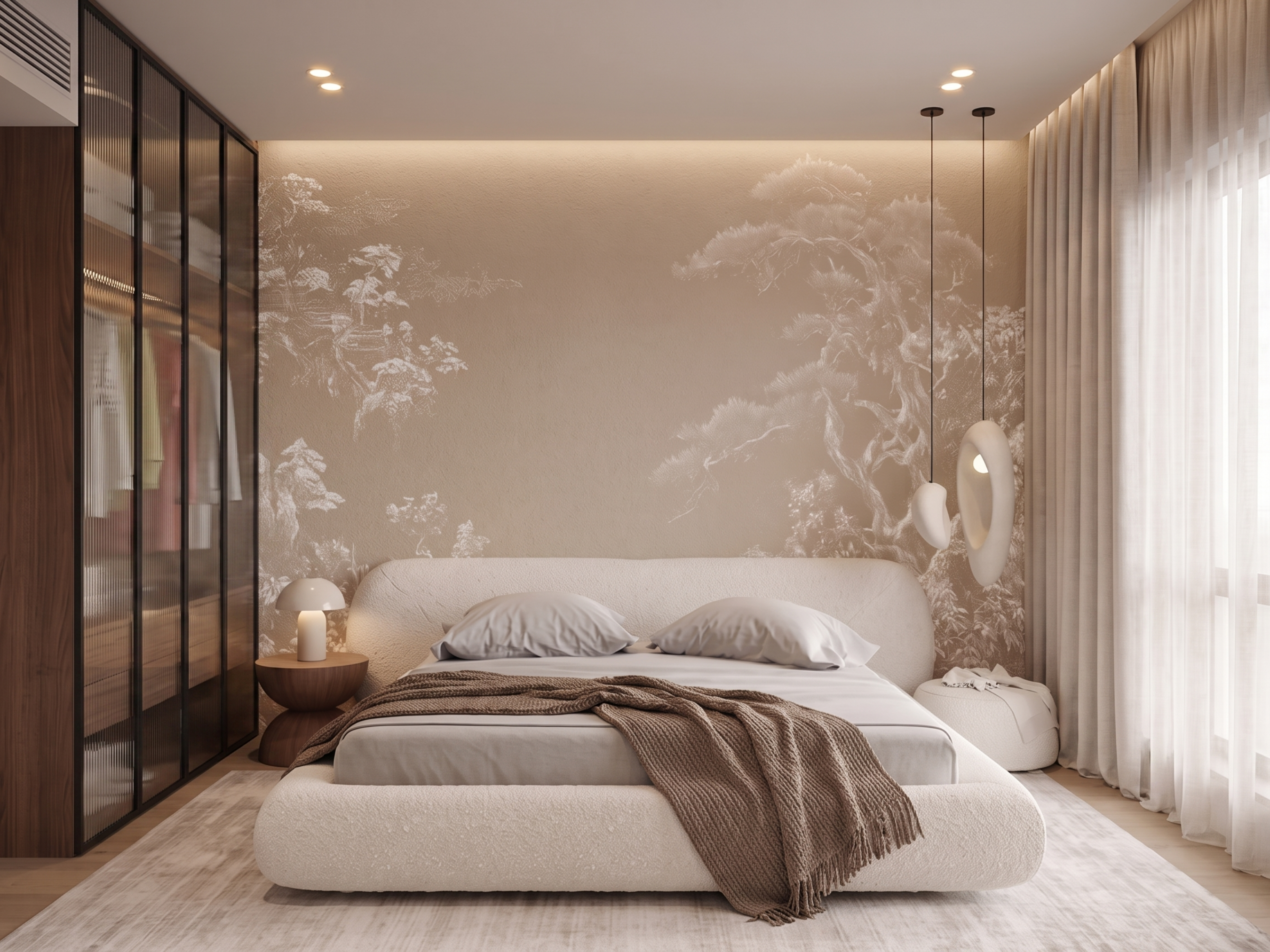 Close-up of Shizuka Garden mural wallpaper showing engraved pine and rock detail