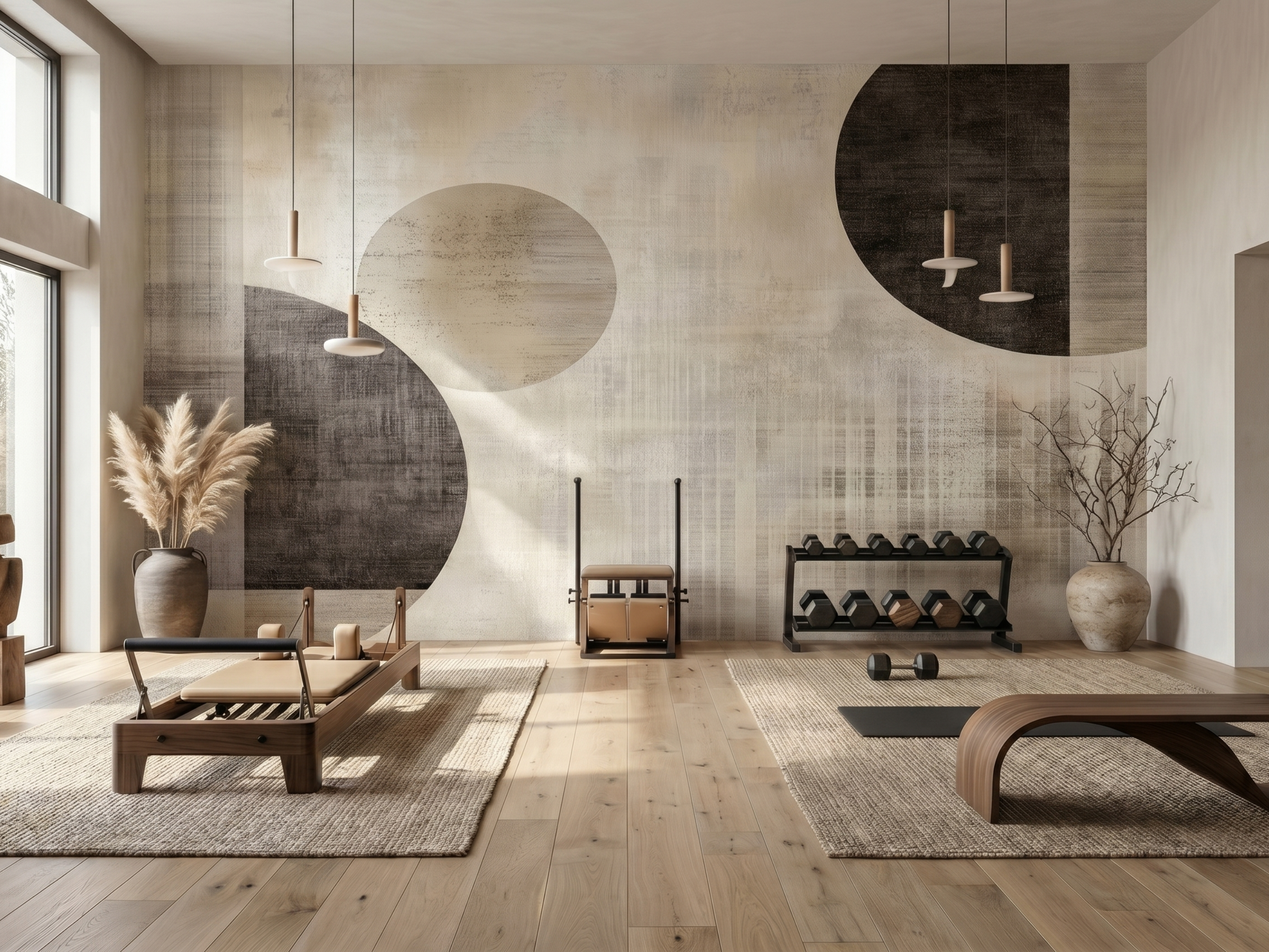 Sho Glow Japandi mural wallpaper, soft rising-sun glow in neutral tones on a bedroom wall