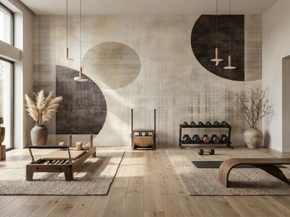 Sho Glow Japandi mural wallpaper, soft rising-sun glow in neutral tones on a bedroom wall