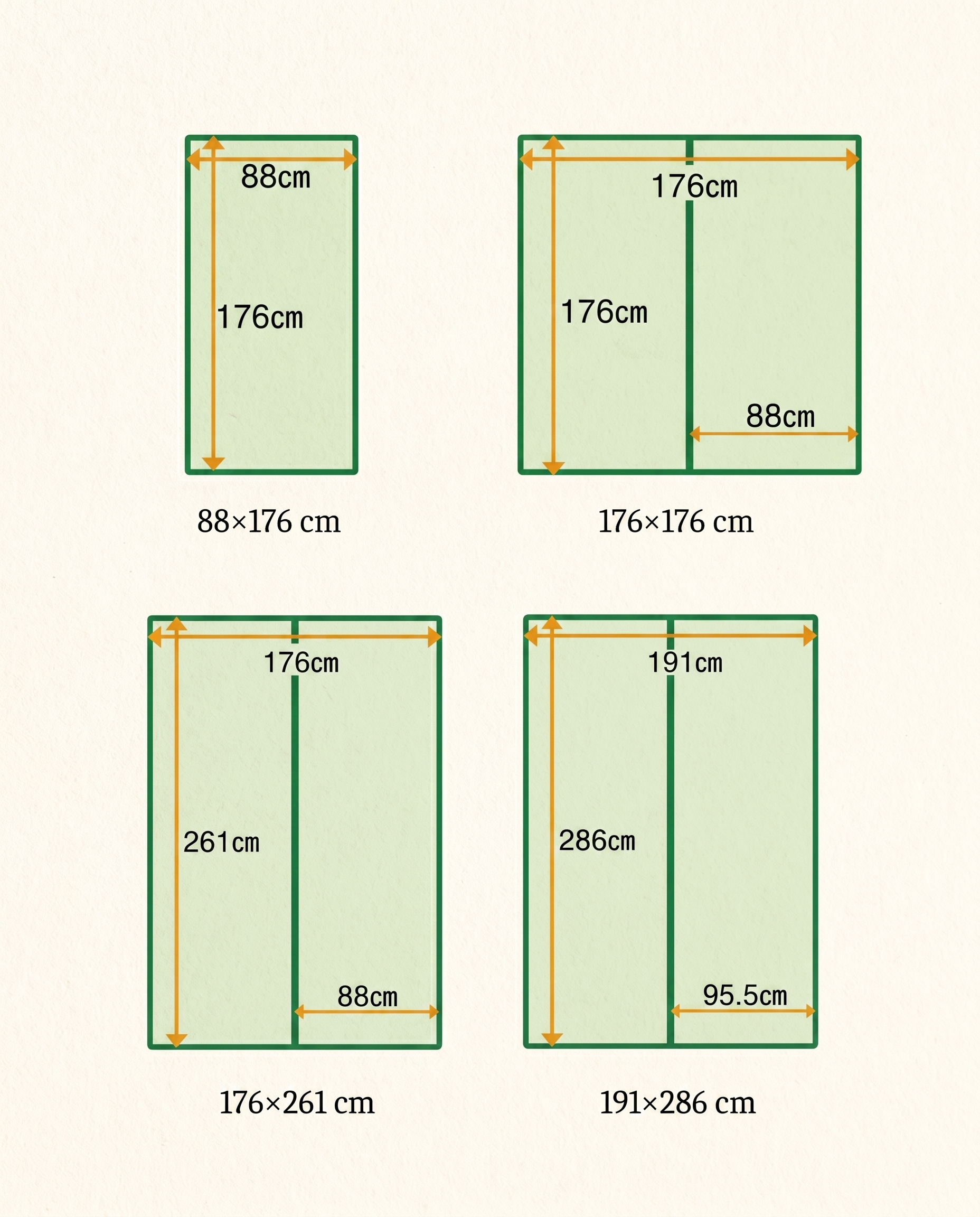 Japandi tatami mat size guide showing available dimensions