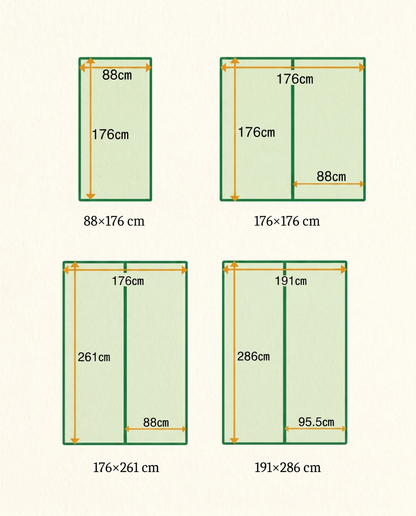 Japandi tatami mat size guide showing available dimensions