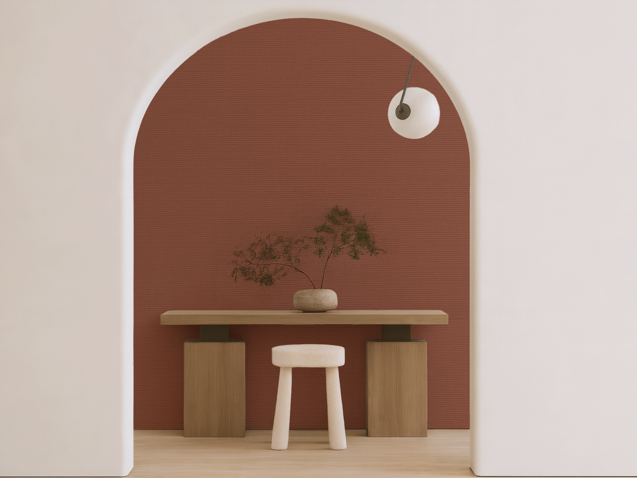 Soho Japandi quiet colour wallpaper, warm earth-toned clay hue on a living room wall