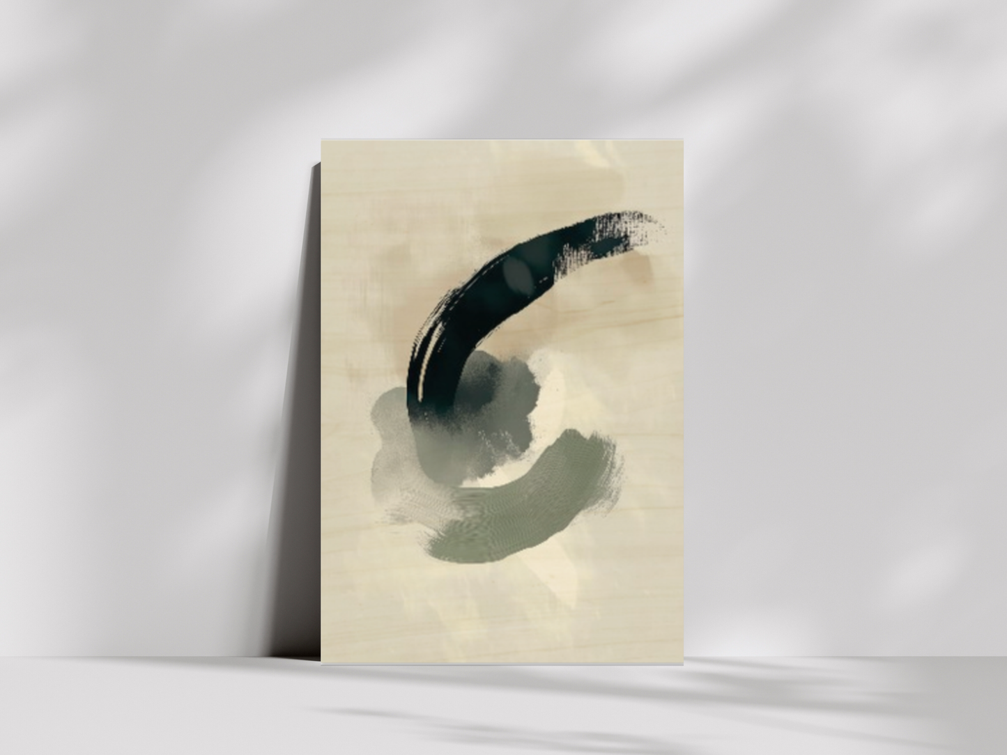 Sora Motion Japandi wooden wall art, single sweeping brushstroke on a living room wall