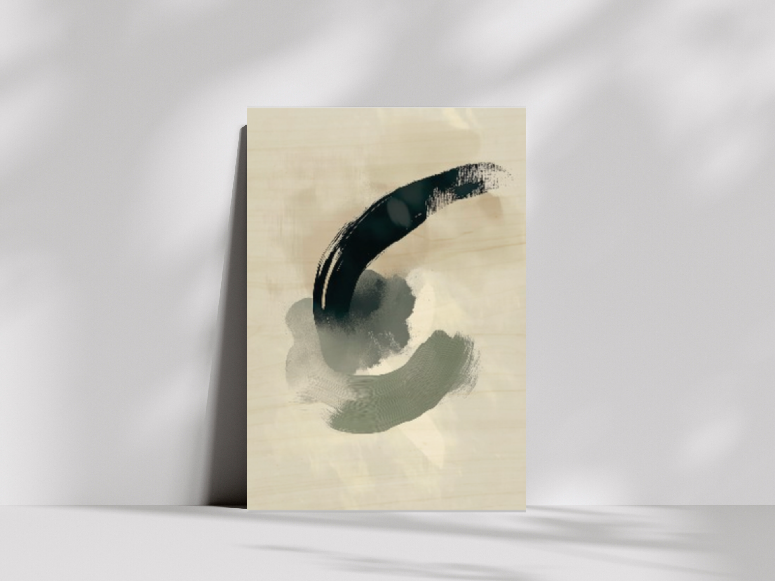 Sora Motion Japandi wooden wall art, single sweeping brushstroke on a living room wall
