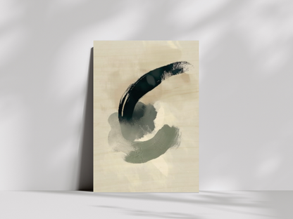 Sora Motion Japandi wooden wall art, single sweeping brushstroke on a living room wall