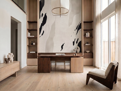 Sumi Flow Japandi mural wallpaper, soft sumi-e ink wash in neutral tones on a study wall
