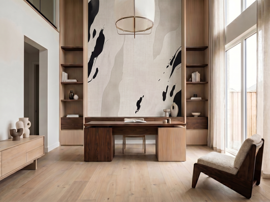 Sumi Flow Japandi mural wallpaper, soft sumi-e ink wash in neutral tones on a study wall